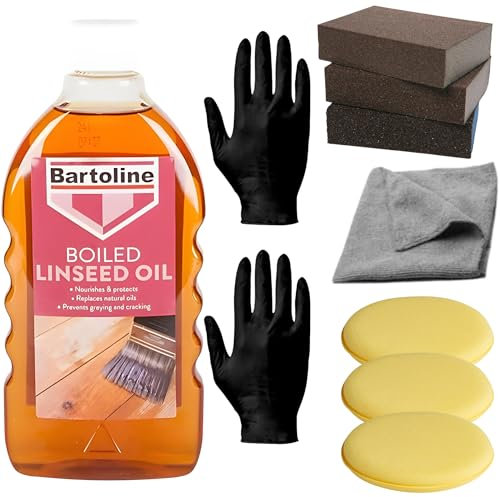Bartoline Boiled Linseed Oil Bundle - Wood Oil for Furniture with Applicator Pads, Sanding Blocks, Microfibre Cloth, and Gloves - Ideal Wood Sealer and Preserver for Indoor & Outdoor Use