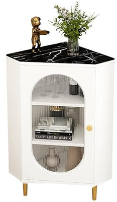 Eckschrank - Freistehende Aufbewahrung mit Glastüren, Mehrzweck-Vitrine für Badezimmer, Küche, Wohnzimmer, Schlafzimmer - Vielseitige seitliche Aufbewahrungslösung