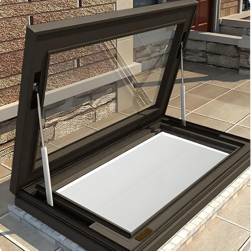 Egress Roof Window, Automatic Roof Skylight with Remote Control, Window Well Cover, Double Tempered Glass, UV Prote-ction, Ventilation, Skylight Windows for House Roof, Custom Size(Brown,LxW 55x55cm/2