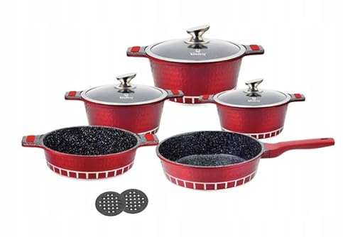 Lot de 10 casseroles, poêles, couvercles, wok, induction, revêtement marbré, casseroles et poêles avec couvercles à revêtement noir, ustensiles de cuisine à induction (rouge)