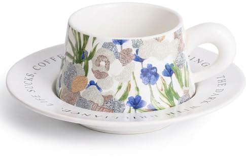 TERRATERRA Tasse à café en céramique blanche avec motif floral 270 ml avec porte-tasse Tasse à thé pour l'après-midi Lavable au lave-vaisselle Cadeau