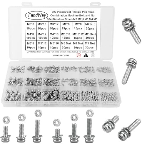 FandWay 600Pcs Bolts and Nuts Set,M2 M2.5 M3 M4 M5 Pan Head Machine Screws,304 Stainless Steel Nuts and Bolts Washers Set Multipurpose Hardware Assortment for DIY Projects, Repairs, Electronics.