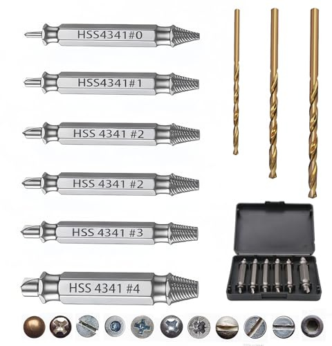 9Pcs Damaged Screw Extractor Set Upgraded Model HSS 6542 Screw Screw Removal Tool with 3 Twist Drill Bit eneral Bit Set Double Ended for Stripped Head Rusted and Stubborn Screws Adult Gifts for Men