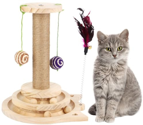 Kronabelle Kratzbaum aus Holz mit Sisalseil, zweistufige Schienen & Bälle für Kätzchen und Katzen
