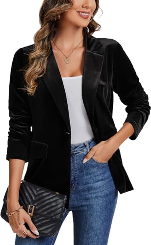 LADI TREND Womens Notched Collar Velvet Suit Blazer Jacket Long Sleeve Open Front Blazers Casual Party Velour Jackets with Pockets *Black,Size XL*