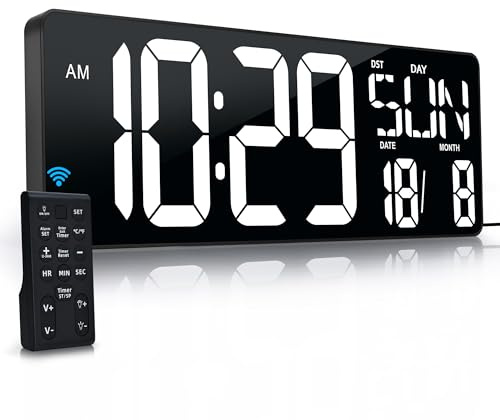 KRSTIR Horloge murale numérique à DEL de 43,7 cm avec télécommande, grand écran de comptage à rebours et minuteur, luminosité réglable avec jour/date/température pour la maison, la salle de sport, le