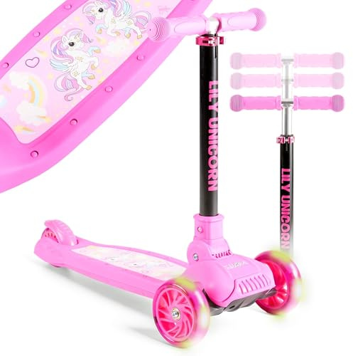 FableKids Kinderscooter Cityroller Tretroller Pink Scooter höhenverstellbar | klappbar | LED-Räder | Tritt-Bremse | für Kleinkinder ab 3 Jahren | bis 50 kg belastbarer Roller | Kickroller