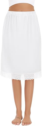 Lovasy Women's Half Slips Satin Long Underskirt with Lace Hem Anti-Static Slip Soft Half Slips for Under Dresses UK A-line Anti Static Petticoat Under Skirt,White,M