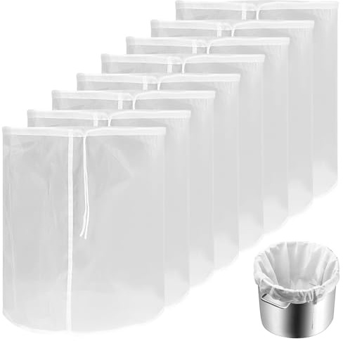 LOLYSIC 8 stycken nylonfilterpåsar med förstärkta bärhandtag, vinfilter, ölbryggning, set, filter, bryggpåse, presstrasa för fruktpress 45 x 35 cm nötmjölkpåse för vin, öl, bryggkorn (120/300 mesh)