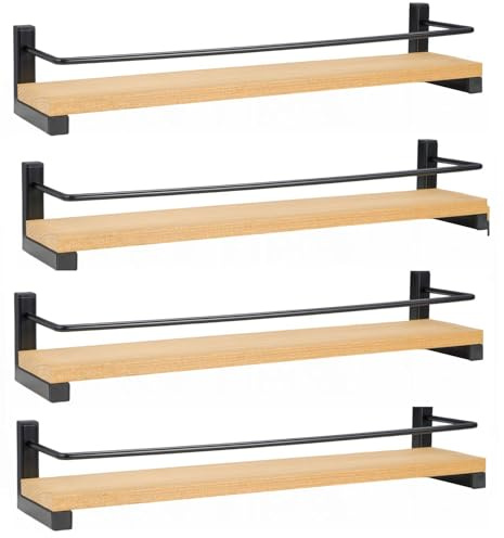 4 Pack Wooden Spice Rack Wall Mount 40cm Kitchen Organizer Spice Jar | Wall-mounted wooden spice rack set for organizing spice jars and seasoning bottles. Space-saving kitchen storage solution