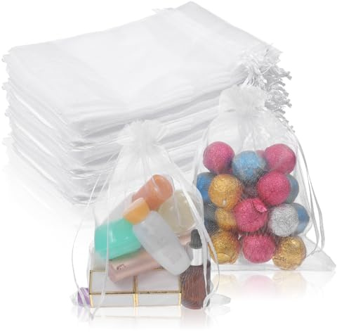LIQWEI 50 Stück Organzasäckchen, 15 x 20 cm Geschenkbeutel Mit Kordelzug Geschenkbeutel Organza Weiß Schmuckbeutel Geschenk Organza Säckchen Für Hochzeit Bonbonsbeutel Party Schmuckbeutel