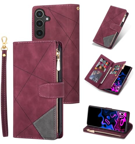 UEEBAI Coque pour Samsung Galaxy S25 FE 5G, Etui en Cuir PU Portefeuille Rétro Antichoc Flip Case Antichoc Housse avec Fentes de Cartes Fonction Support, Fermeture Magnétique, Diamant Rouge