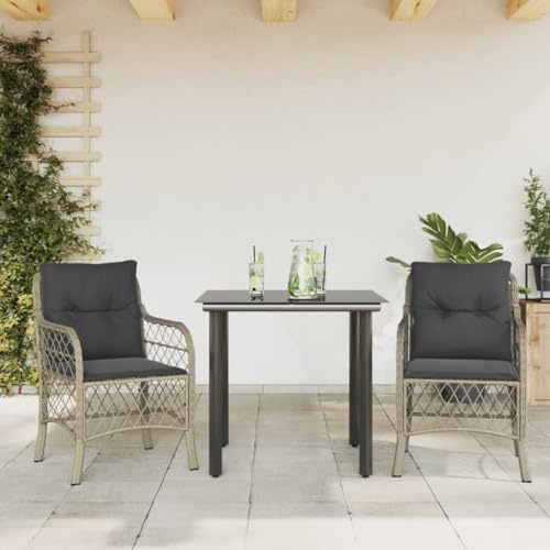 Ziaphsol Ensemble bistro 3 pièces avec coussins gris clair en polyrotin résistant aux UV 80 x 80 x 74 cm - Table de jardin confortable pour balcon, terrasse, jardin, patio facile d'entretien