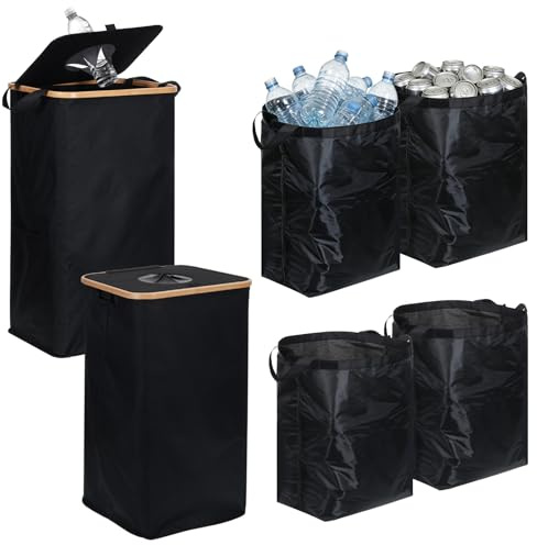 AIHSUMC 2 Pack 26 Gallon Recycling Bin with Lid, 100L Foldable Indoor Kitchen Recycle Bin with 4 Removable Reusable Inner Bags, Tall Bottle Can Recycling Container for Home, Dorm, Office