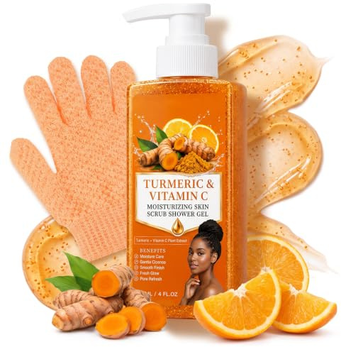 Turmeric And Vitamin C Body Scrub Shower Gel, Exfoliating Body Wash With Exfoliating Gloves - Kp Bump Eraser Exfoliating Body Scrub, Brightening Body Wash For Cleansing, Hydrating Dry And Rough Skin