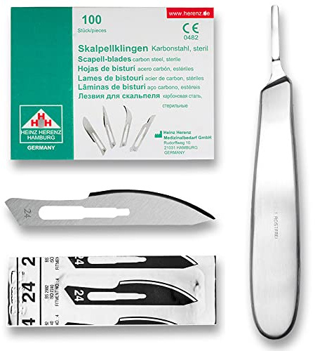 May Lot de 100 lames de scalpel Fig. 24 et support manche bombé | 100 lames de scalpel stériles (fig. 24) Avec support en acier inoxydable avec poignée bombée pour podologues