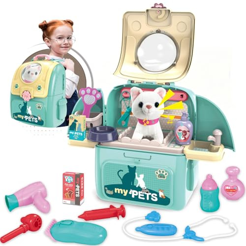 Gifts2U Mallette Vétérinaire Jouet Vétérinaire Sac À Dos Clinique Vétérinaire Portable avec Stéthoscope Thermomètre et Sac de Médecin Adapté Malette Docteur Enfant Jeux D'imitations Cadeau 3 4 5 6 Ans