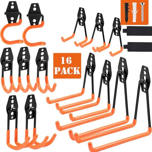 Dorisy 14 Pack Heavy Duty Garage Hooks with 2 Extension Straps, Triple Welded Wall Mount Utility Hangers, 100 Lbs Capacity Steel Tool Organizer for Garage Makeover, Garden, Shed, Hose