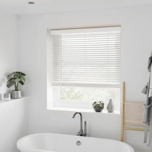 Faux Wood Window Venetian Blinds Blind 50mm Slats Trimmable String Design (White, 90 x 150 cm)