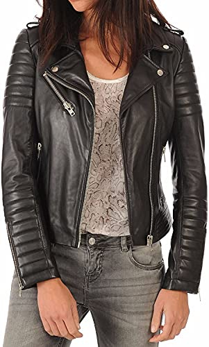 HiFacon Damen Vintage Retro Cafe Racer Schwarz Echtleder Steppjacke Biker Motorrad, Echtlederjacke, 36