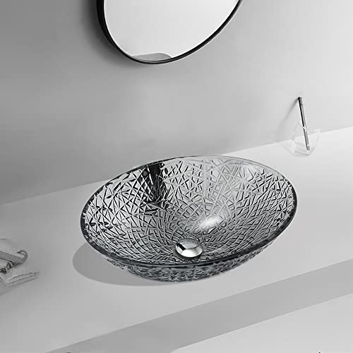 HomeLava Modern Glas Waschbecken Aufsatzwaschbecken Grau Waschschale Handwaschbecken Oval mit Ablaufgarnitur für Gäste WC Badezimmer