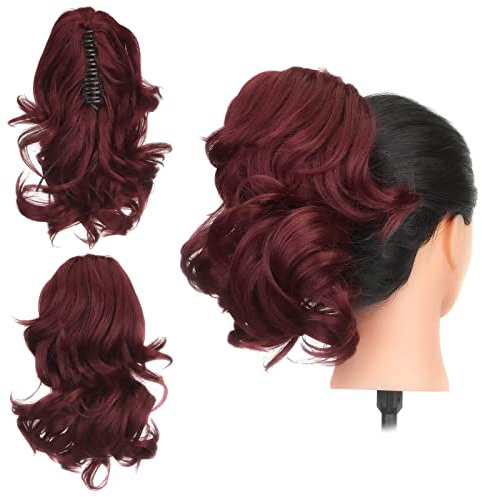 Gairyan 12 Clip in Ponytail Hair Extensions Curly Ponytail Extension Claw on Pony tails Wavy Synthetic Hairpieces for Women Real Look Short Wave (Wine Red)