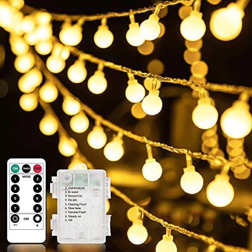 Liyade Guirlande lumineuse, guirlande lumineuse boule 8m 60 LED avec télécommande, alimenté par batterie, 8 modes d'éclairage pour extérieur, intérieur, Noël, mariage, jardin (blanc chaud)