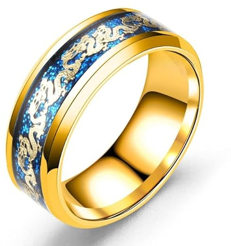 YAHUO 8mm Men Stainless Steel Dragon Ring Inlay Red Green Black Carbon Fiber Ring Wedding Band Jewelry Size 6-13