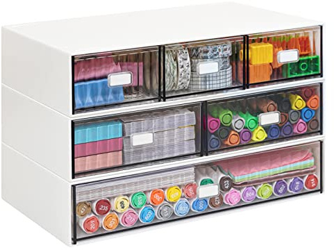 Organiseur empilable à 3 niveaux avec 6 tiroirs, boîte de rangement de bureau en plastique blanc pour bureau et école, organiseur amovible pour fournitures de maquillage et de papeterie
