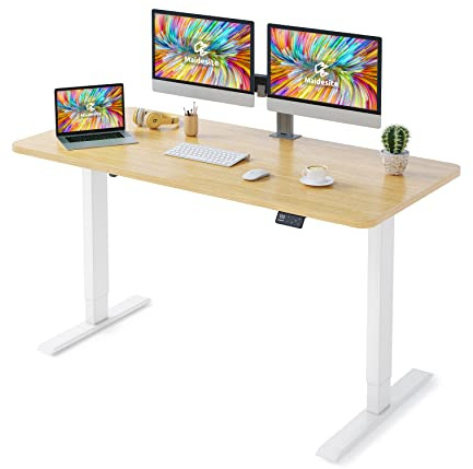MAIDeSITe Höhenverstellbarer Schreibtisch 140 x 70 cm - Elektrisch mit 4 LED Memory-Steuerung - Sitz & Stehpult -Schreibtisch Tischplatte (S1 Pro), Weiß Gestell + Eich