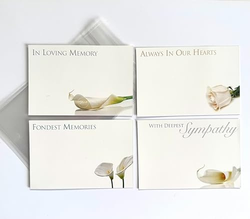 ShredAstic® PACK OF 4 neutral assorted small Florist Funeral flower Message Cards with 4 clear cellophane self seal bags 6 x 9cm (60x90mm)