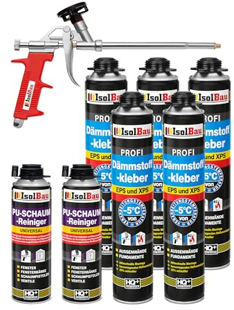 Isolbau Kit de colle isolante pour EPS & XPS - Avec 5 mousses adhésives WDVS (750 ml chacune), 2 nettoyants en mousse PU et 1 pistolet à mousse