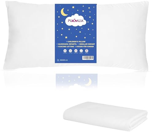 Pukalia® Almohada Bebe 50x30 - Para Niños 2-3 Años - Primera Infantil Baja para Cuna - Funda Algodón Orgánico Suave 30x50 - Antiácaros, Lavable, Doble Funda