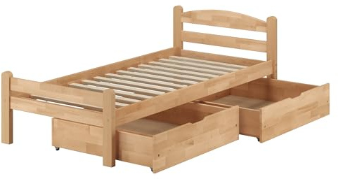 Erst-Holz®Einzelbett Gästebett Holzbett Massiv Buche 90 x 200 cmRollrost und Doppelbettkasten inkl.