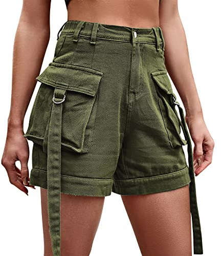 Odizli Jeans Shorts Damen Y2K Cargo Kurze Hose Frauen Denim Vintage Sexy High Waist Hotpants Sommer Casual Rave Festival Streetwear mit Taschen Grün S