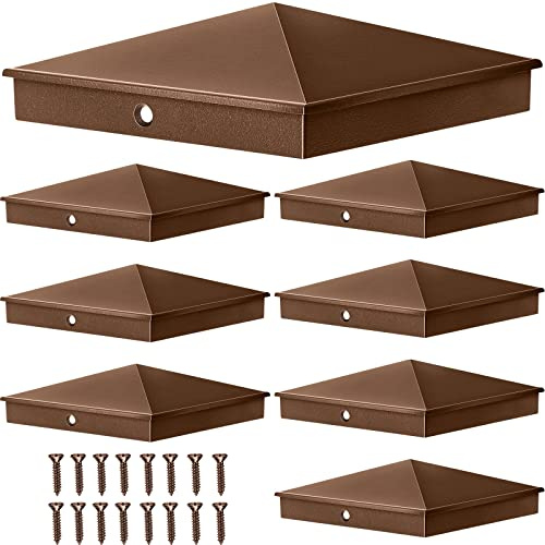 Dunzy 8 Pcs 6 x 6 Post Caps Aluminum Pyramid Cap Decorative Fence Post Covers Works Only for Actual 5.5 x 5.5'' Wood Metal Sleeve with Screws for Decks Corridors Mailbox Pole(Brown)