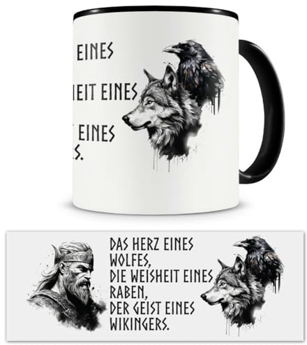 Samunshi® Wikinger Tasse mit Spruch Wölfe, Raben und Wikinger Yggdrasil Geschenk für Germanen Nordmänner und Viking Fans Kaffeetasse Lustige Tas