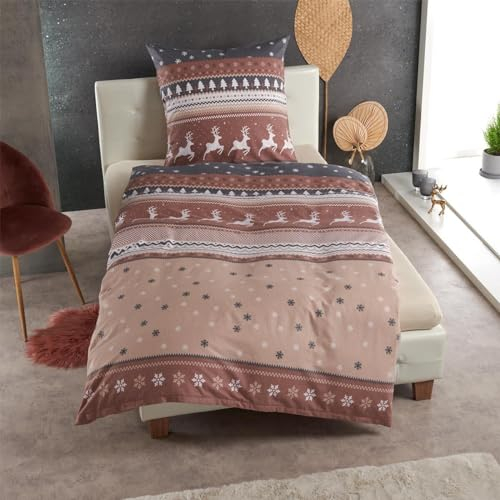 Traumschlaf Basic Biber Bettwäsche Winterland – kuschelweich und wärmend aus 100% Baumwolle – ideal für kalte Winternächte – Winterliches Design – 155 x 220 cm + 1 Kissenbezug 80 x 80 cm