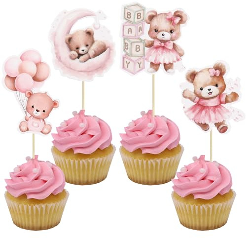 Gyufise 36Pcs Baby Moon Bear Cupcake Toppers - Bear Baby Shower Cake Topper Decorations Jungle Animal Theme Birthday Party Cake Supplies Pink