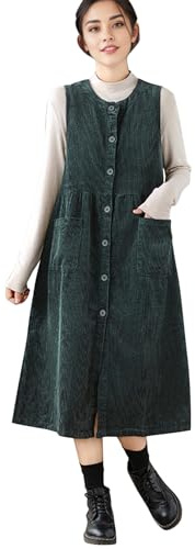 LAEMILIA Women's Corduroy Button Down Tank Dress Crewneck Solid Color Midi-Long Overall Dress with Pockets Green