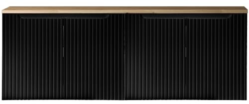 Lomadox Mobile Bagno Doppio Lavabo 160 cm Nero con Rovere, Anteriore scanalato, Senza Maniglia