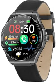 Knauermann PRO 3 (2024) Schwarz - Gesundheitsuhr Smartwatch mit Telefoniefunktion - EKG + HRV und SOS Funktion - AMOLED Display- BT Bluetooth - Schlafapnoe - Echtlederband Schwarz, 14-24, rund