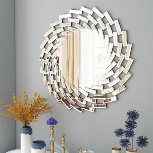 SHYFOY Specchio da Parete Rotondo, 60 X 60 cm, Specchi Camera da Letto Moderno, Senza Cornice, Specchio Tondo da Parete per Bagno Soggiorno Ingresso, Argento
