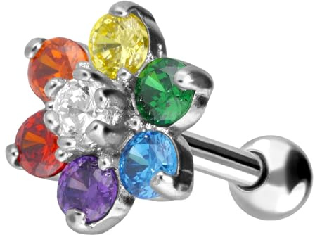 PIERCINGLINE Ohrpiercing aus Chirurgenstahl bunte Kristallblume | Piercing als Ohr-Stecker, Helix oder Tragus in 4 stylischen Farben