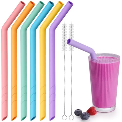 NiHome Confezione da 6 cannucce extra larghe riutilizzabili in silicone piegato, per boba, frullati, tè a bolle, ecologiche e colorate per bevande spesse, sicure per i bambini con lunghezza
