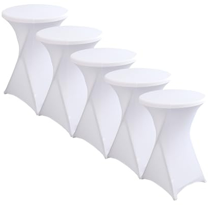 Stretch Stehtisch Hussen Spandex Stehtischhussen (Weiß, 5er Set Ø 60-65 cm) | Bartische Hochzeit Erstärkung im Fußbereich Rund Tischdecke für Bistrotisch Cocktail-Party
