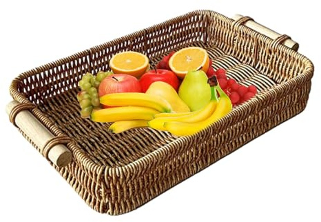 Mbiyhgta Bandeja Rectangular de Ratán Tejida a Mano Con Asa Para Servir - Decorativa de Mimbre Para Mesa, Alimentos y Decoración