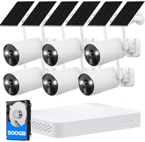 Camcamp 4MP Kit Videosorveglianza Solare Senza Fili Esterno, Telecamera a Batteria con Pannello Solare,10CH NVR e 500GB HDD, 0 Canone Mensile,Colori Visione Notturna, Movimento Avviso, 2 Vie Audio