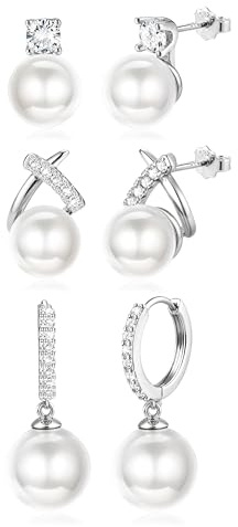 Diamday 3 Paar Perlen Ohrringe Silber 925 Creolen Ohrstecker Perlenohrringe Hängend Ohrringe Gold Set Hypoallergene Perlen Ohrstecker Silber 925 Perlenohrringe für Damen Mädchen Schmuck Geschenk