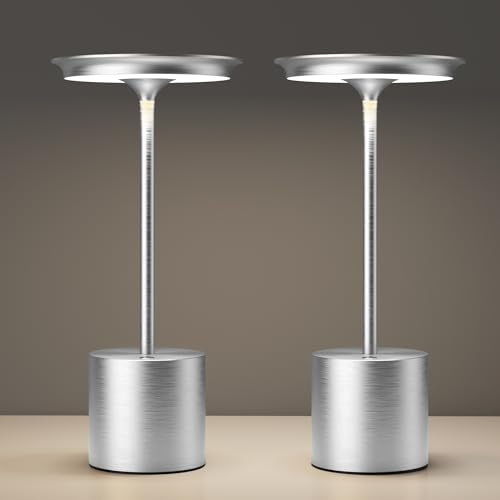 YIKUI Tischlampe Kabellose, LED 3 Farbtemperatur Dimmbare, Außenbereich Camping IP54 wasserdicht Tischleuchte, 6000 mAh Batterie Schlafzimmer Restaurant (2Silber)